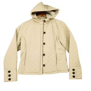 Calvin Klein Quilted Jacket XL Women Beige‎ Faux Fur Lined Removable Hood School